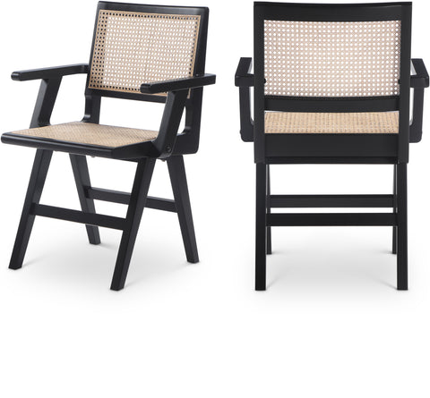 Vale Black Solid Wood And Natural Cane Dining Arm Chair, 2-Piece