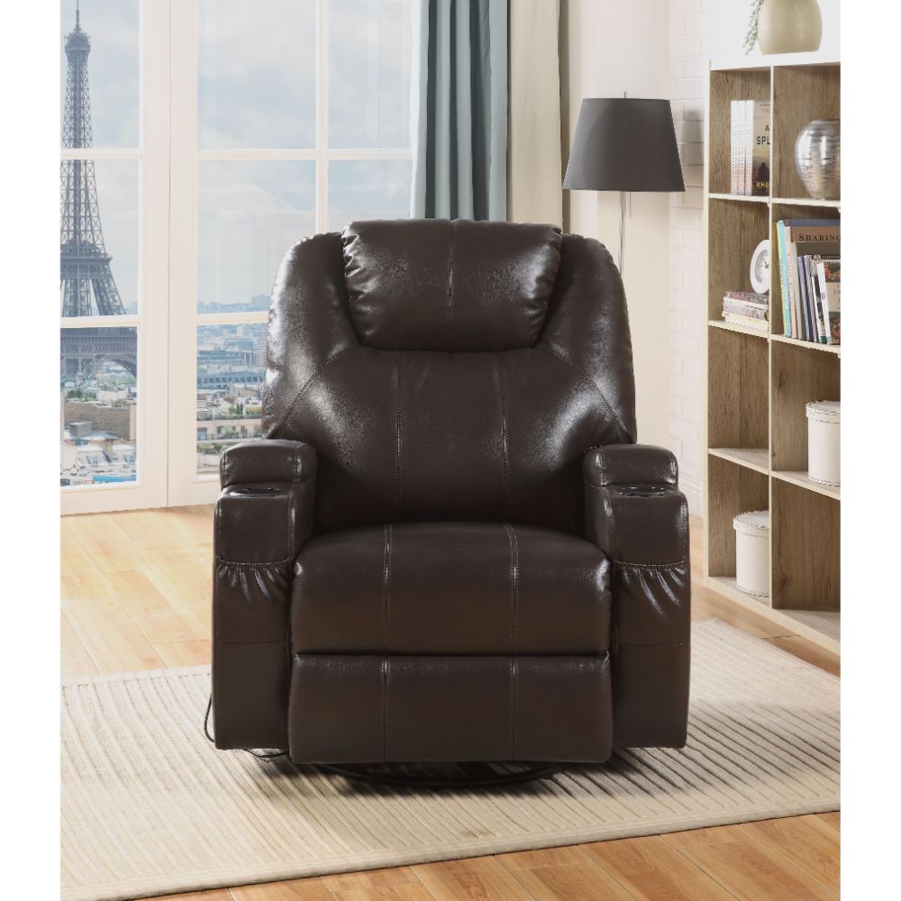 dylan motion rocker recliner w/swivel, brown synthetic leather