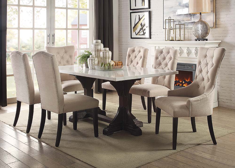 evangeline dining table, white marble top & weathered espresso finish