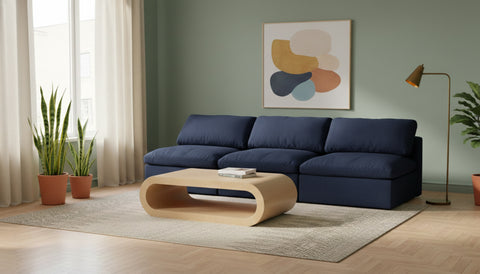 Camden 117" Navy Linen Textured Fabric Upholstered Deluxe Comfort Armless Sofa, 3-Piece