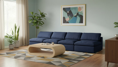 Camden 156" Navy Linen Textured Fabric Upholstered Deluxe Comfort Armless Sofa, 4-Piece