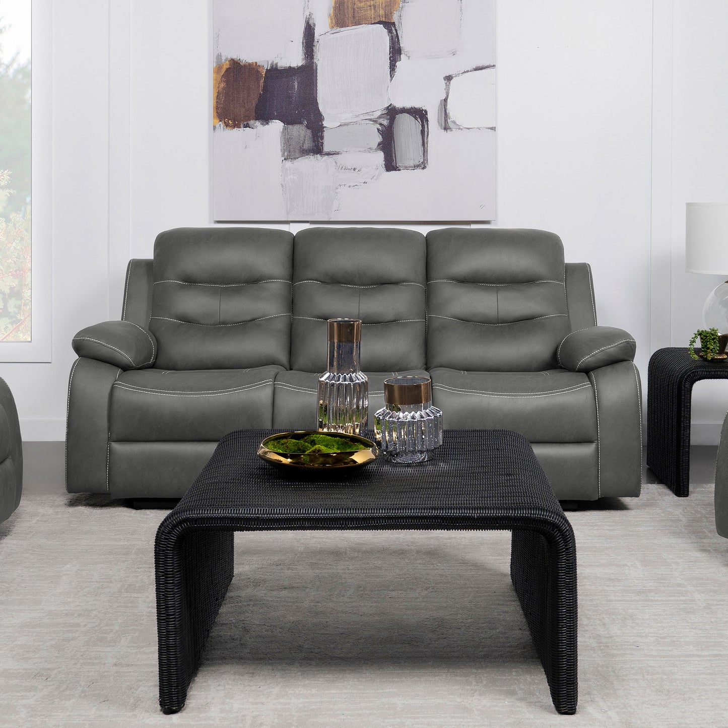 veena upholstered padded arm reclining sofa dark grey