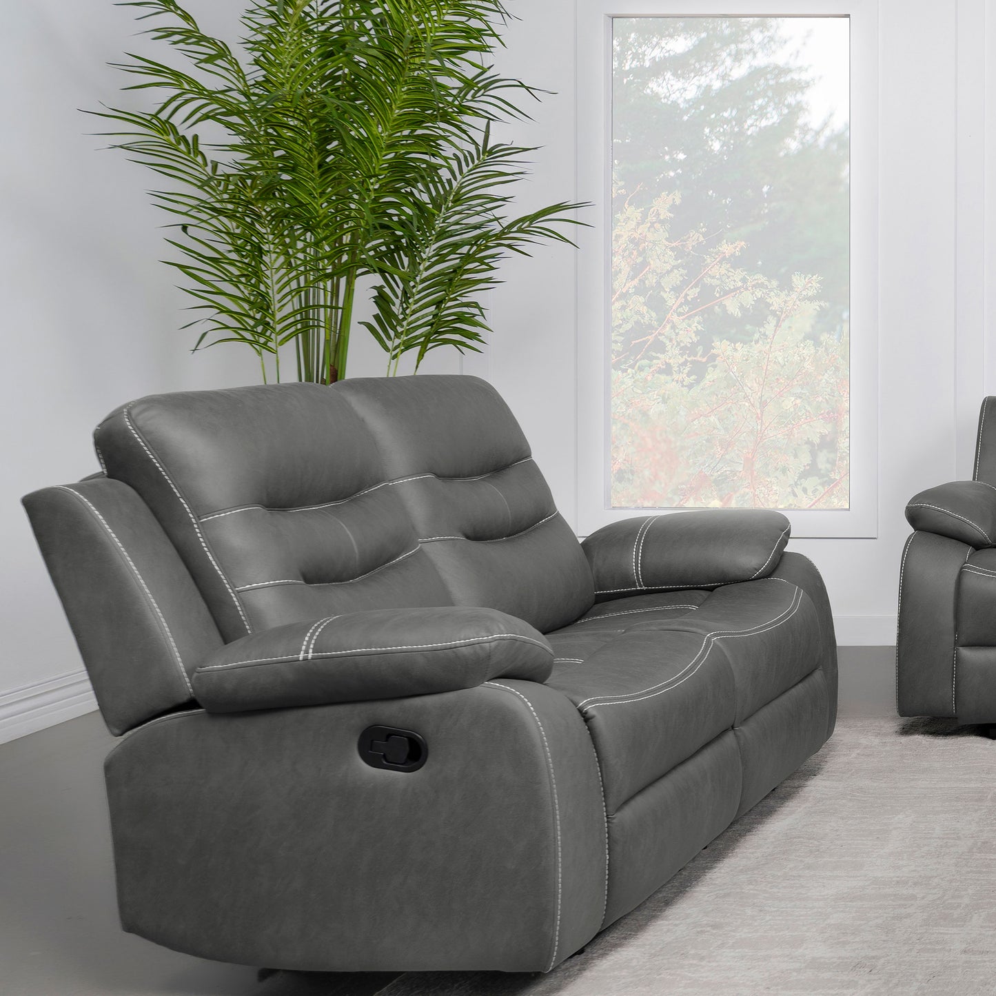 veena upholstered padded arm reclining loveseat dark grey