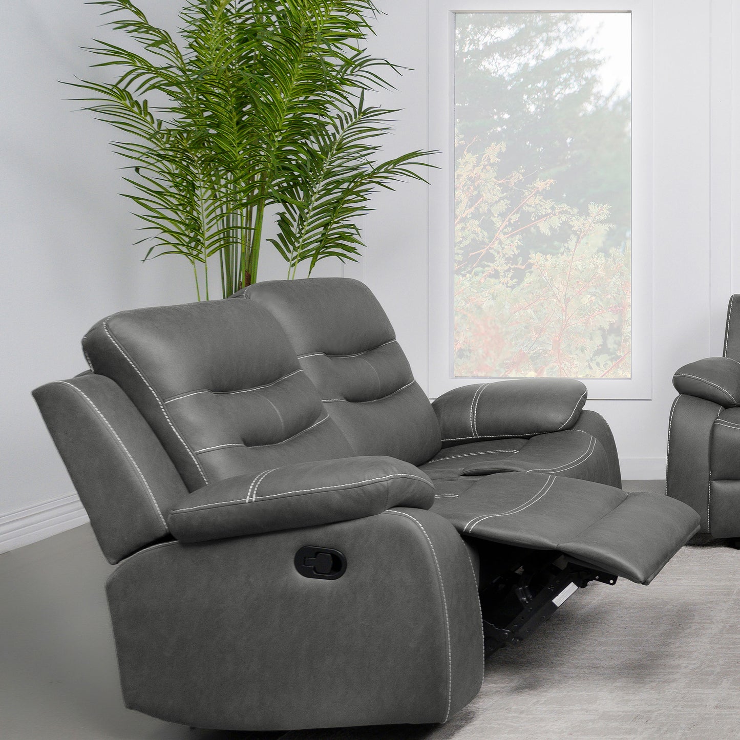 veena upholstered padded arm reclining loveseat dark grey