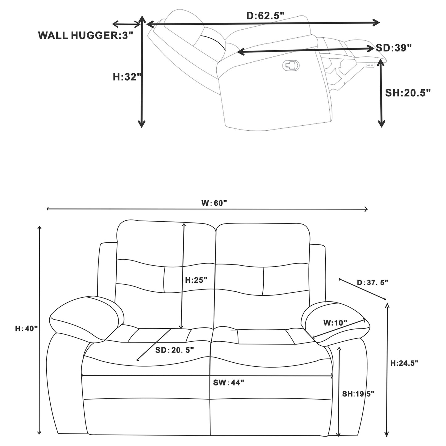 veena upholstered padded arm reclining loveseat dark grey