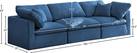 Selene 105" Navy Velvet Upholstered Standard Comfort Sofa, 3-Piece