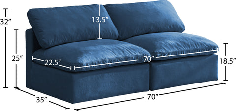 Selene 70" Navy Velvet Upholstered Standard Comfort Armless Loveseat, 2-Piece