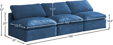 Selene 105" Navy Velvet Upholstered Standard Comfort Armless Sofa, 3-Piece