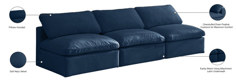 Selene 105" Navy Velvet Upholstered Standard Comfort Armless Sofa, 3-Piece