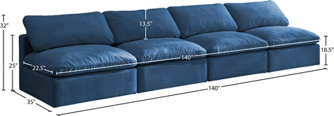 Selene 140" Navy Velvet Upholstered Standard Comfort Armless Sofa, 4-Piece