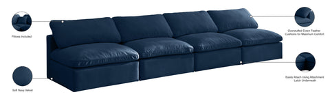 Selene 140" Navy Velvet Upholstered Standard Comfort Armless Sofa, 4-Piece