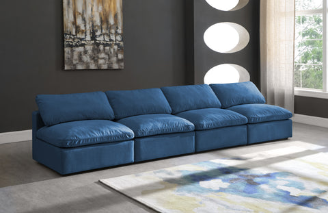 Selene 140" Navy Velvet Upholstered Standard Comfort Armless Sofa, 4-Piece
