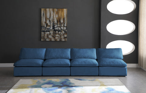 Selene 140" Navy Velvet Upholstered Standard Comfort Armless Sofa, 4-Piece