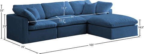 Selene 105" Navy Velvet Upholstered Standard Comfort Sectional, 4-Piece