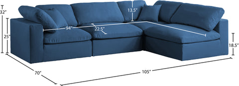 Selene 105" Navy Velvet Upholstered Standard Comfort Sectional, 4-Piece (Style 2)
