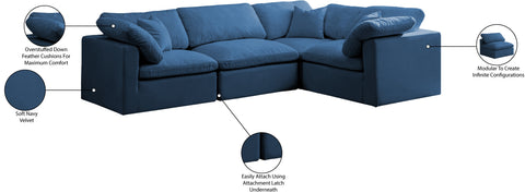Selene 119" Navy Velvet Upholstered Standard Comfort Sectional, 4-Piece