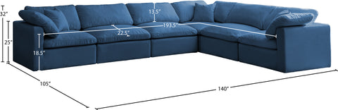 Selene 140" Navy Velvet Upholstered Standard Comfort Sectional, 6-Piece