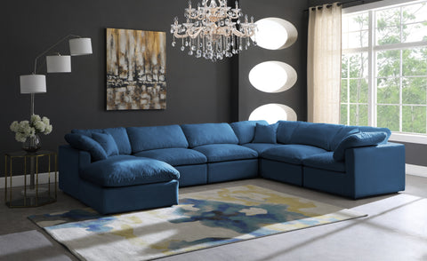 Selene 140" Navy Velvet Upholstered Standard Comfort Sectional, 7-Piece