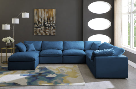 Selene 140" Navy Velvet Upholstered Standard Comfort Sectional, 7-Piece