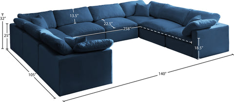 Selene 140" Navy Velvet Upholstered Standard Comfort Sectional, 8-Piece
