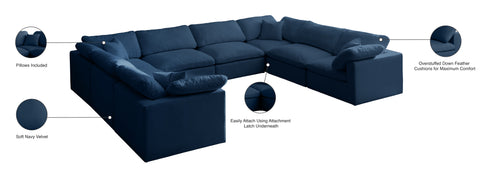 Selene 140" Navy Velvet Upholstered Standard Comfort Sectional, 8-Piece