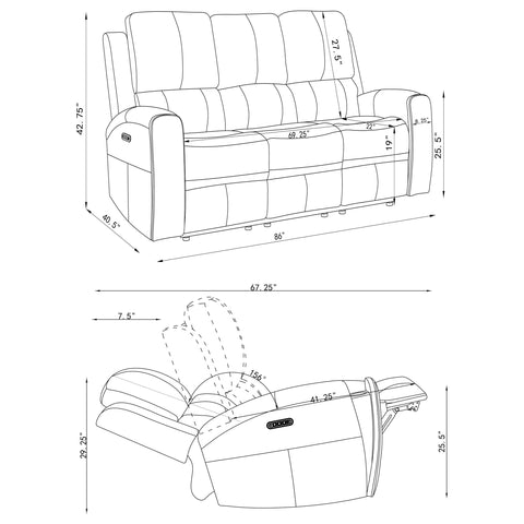 Roanne 3-piece Triple Power Reclining Sofa Set Charcoal