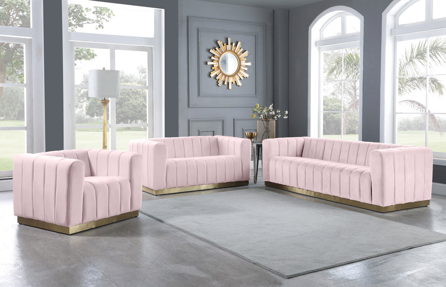 mitzy pink velvet loveseat l