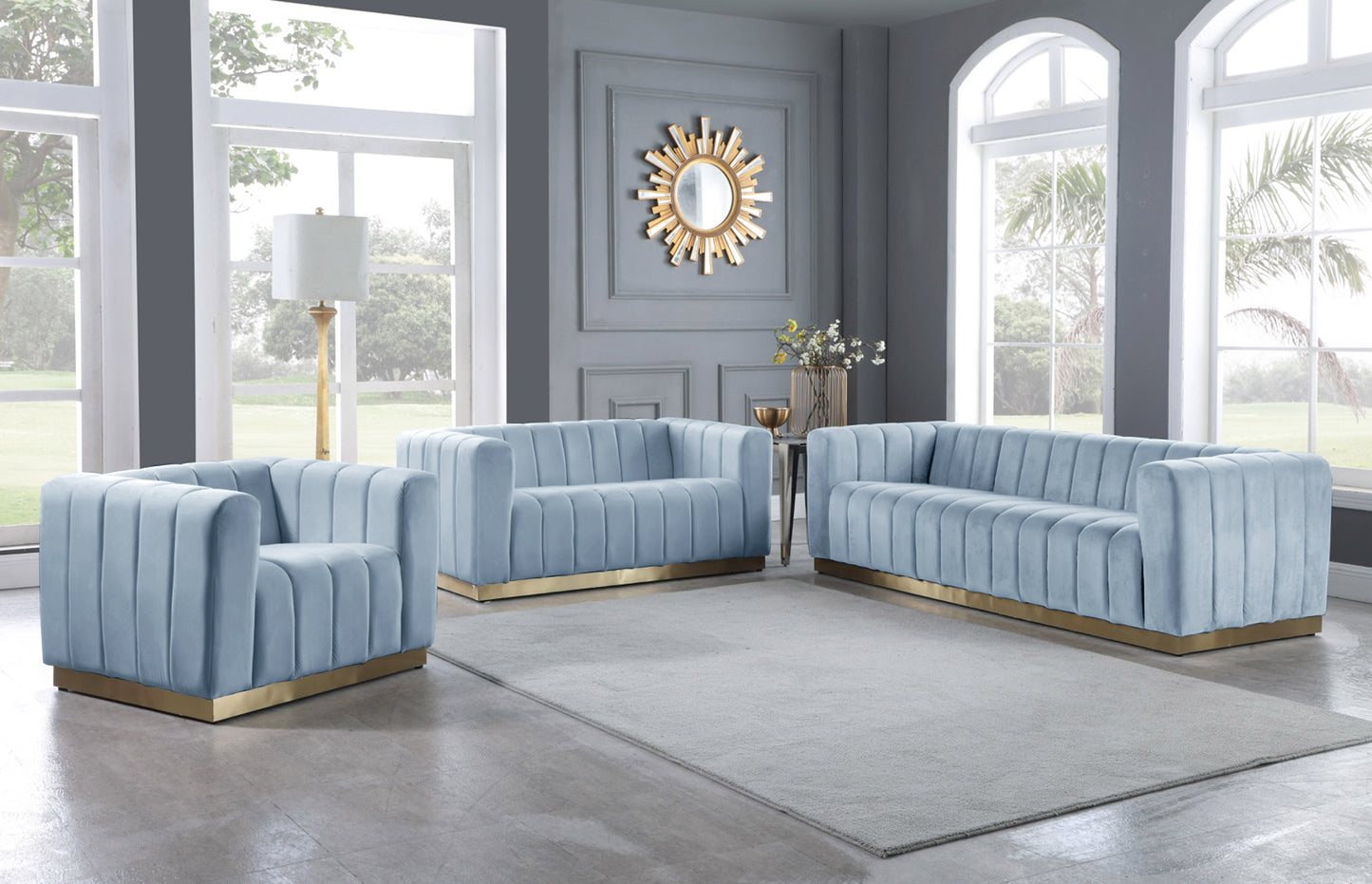 mitzy sky blue velvet loveseat l