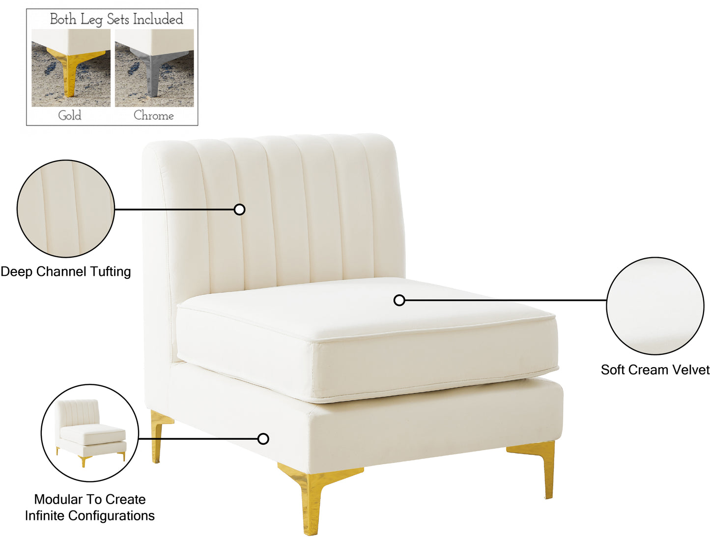 julia cream velvet armless chair armless