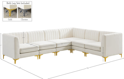 Quinn 116.5" Cream Velvet Upholstered Sectional, 6-Piece