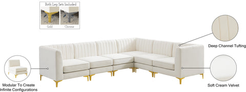 Quinn 116.5" Cream Velvet Upholstered Sectional, 6-Piece