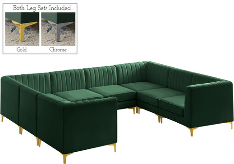 Quinn 116.5" Green Velvet Upholstered Sectional, 8-Piece