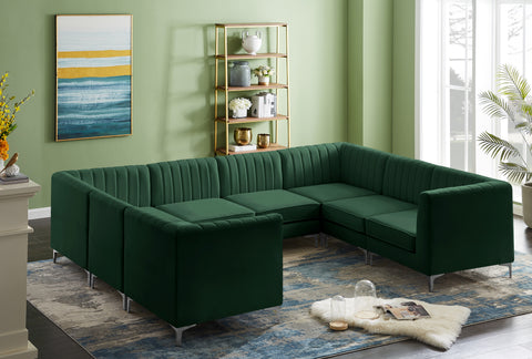 Quinn 116.5" Green Velvet Upholstered Sectional, 8-Piece