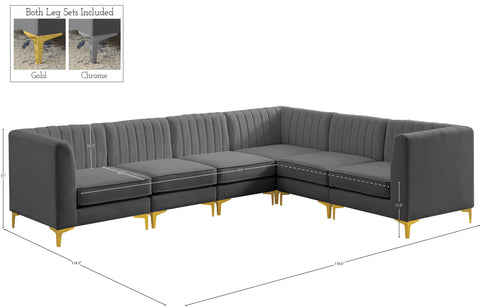 Quinn 116.5" Grey Velvet Upholstered Sectional, 6-Piece