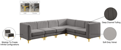 Quinn 116.5" Grey Velvet Upholstered Sectional, 6-Piece