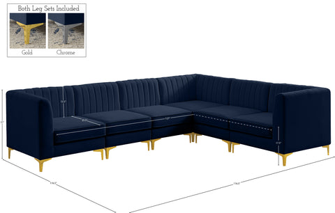 Quinn 116.5" Navy Velvet Upholstered Sectional, 6-Piece