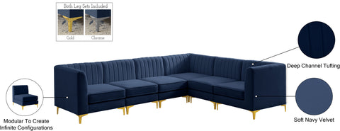 Quinn 116.5" Navy Velvet Upholstered Sectional, 6-Piece