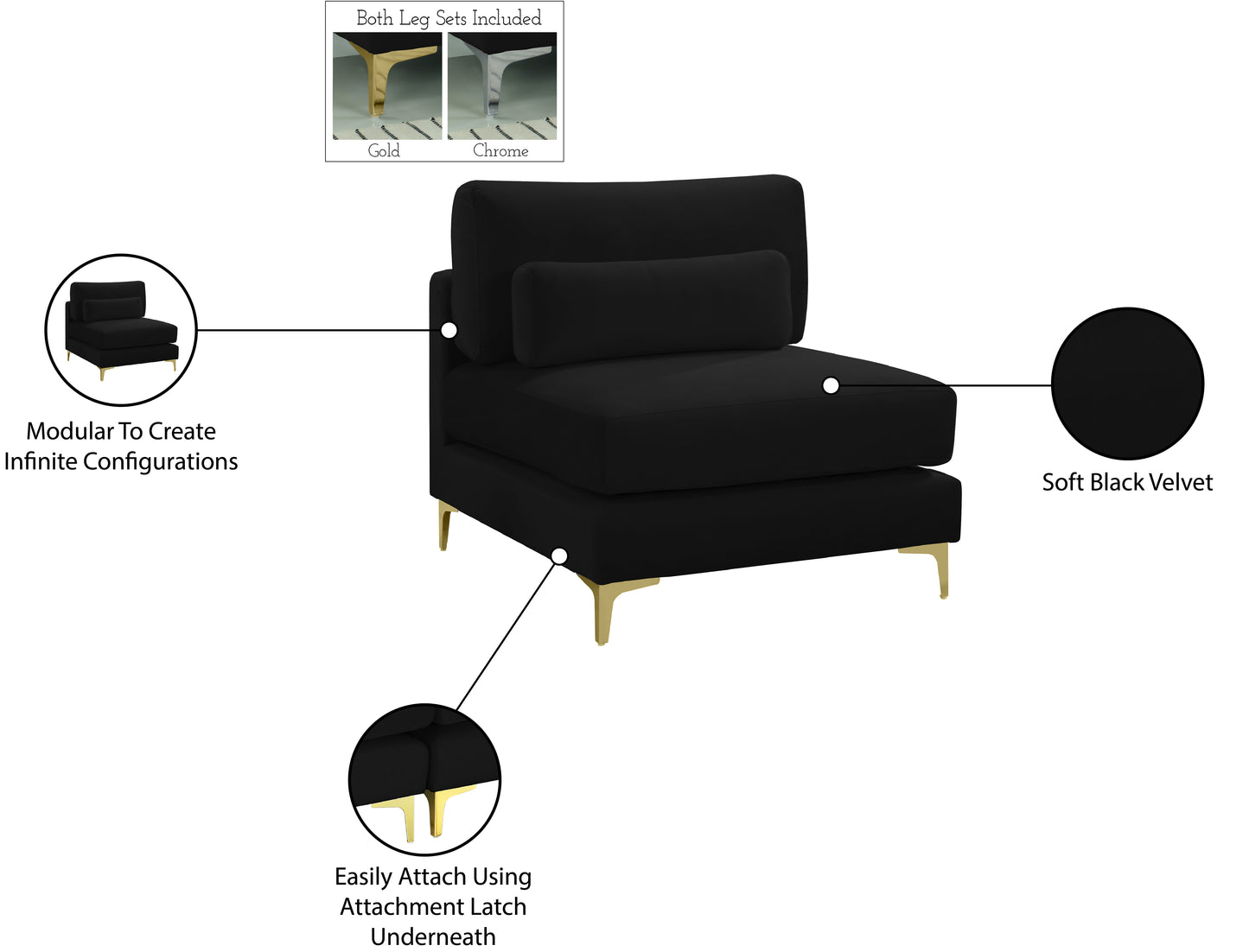 alina black velvet modular armless chair armless