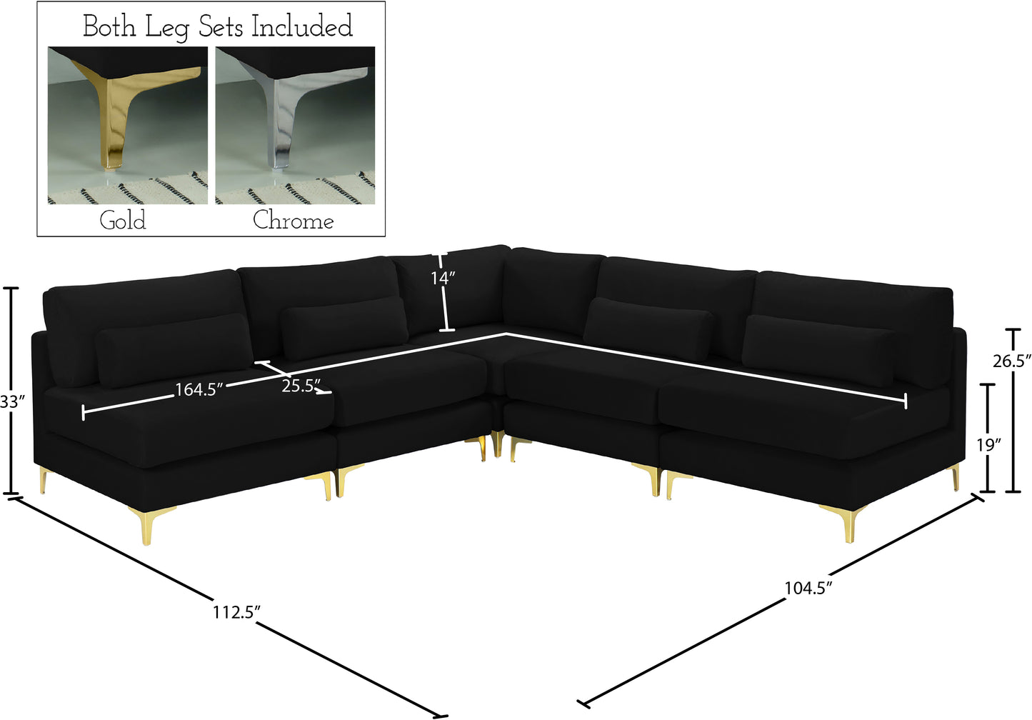 alina black velvet modular sectional (5 boxes) sec5b