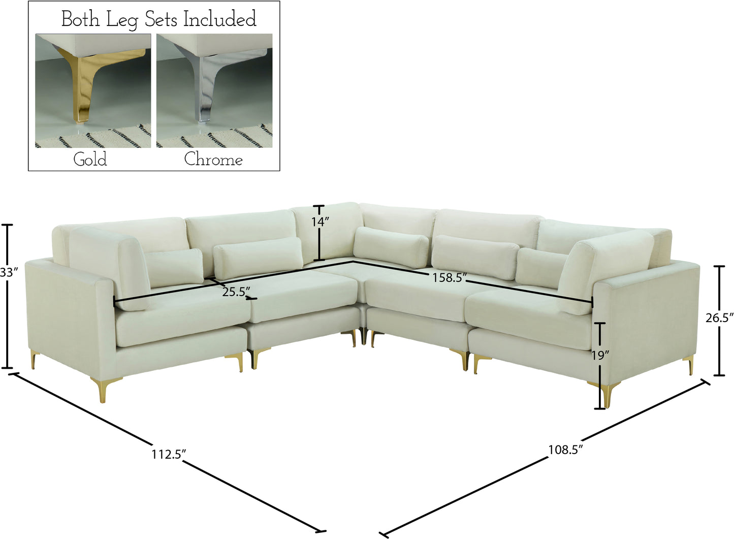 alina cream velvet modular sectional (5 boxes) sec5c