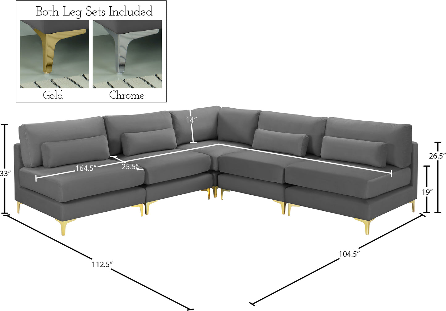 alina grey velvet modular sectional (5 boxes) sec5b