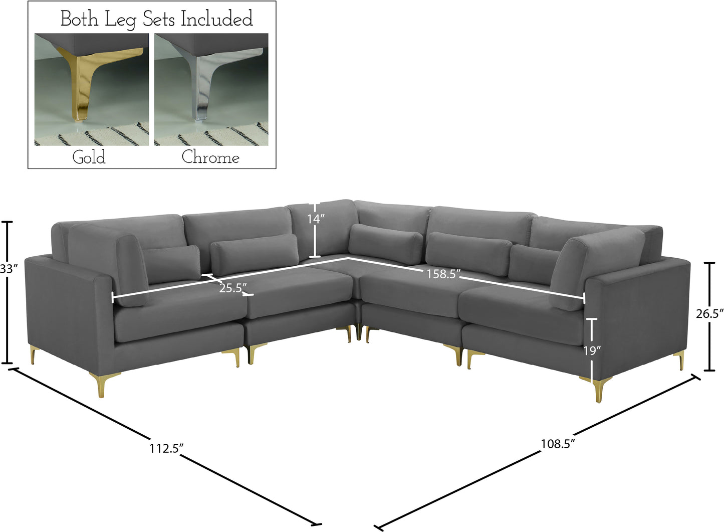 alina grey velvet modular sectional (5 boxes) sec5c