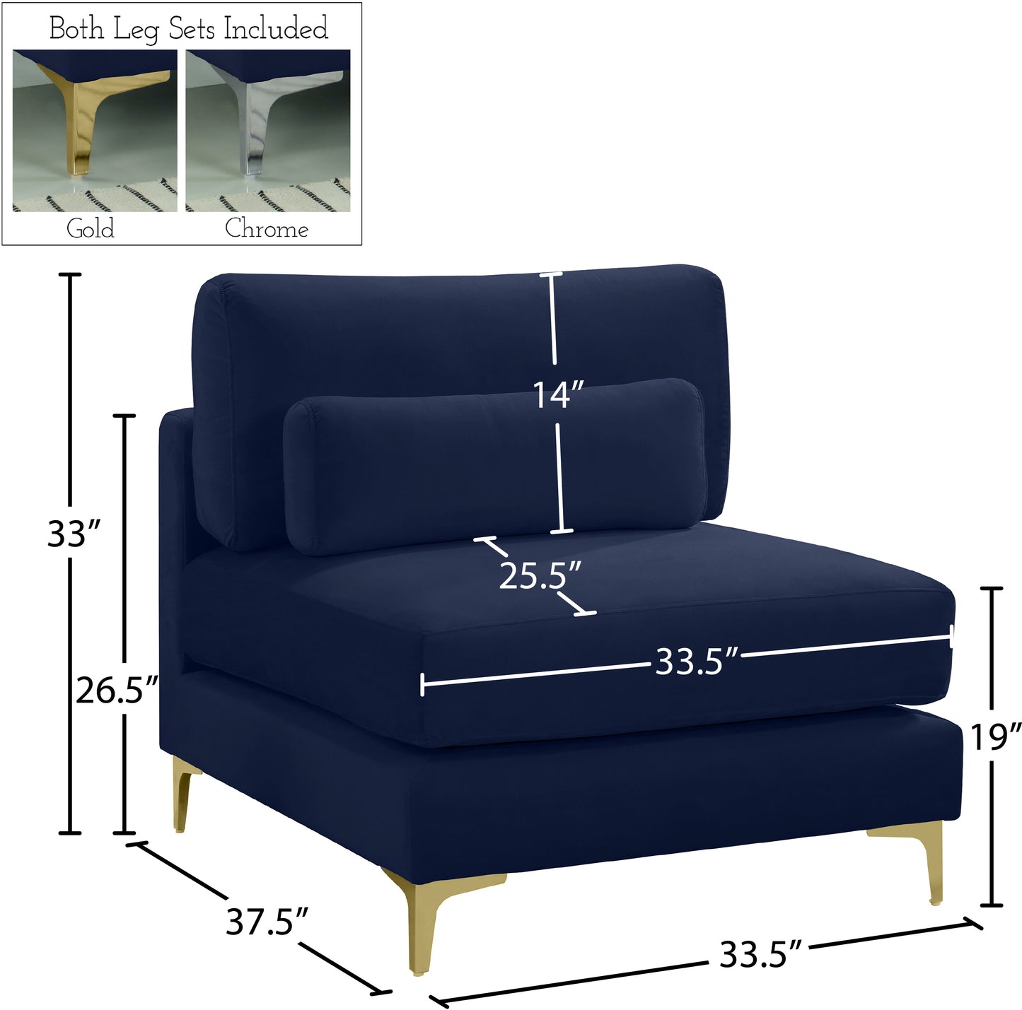 alina navy velvet modular armless chair armless