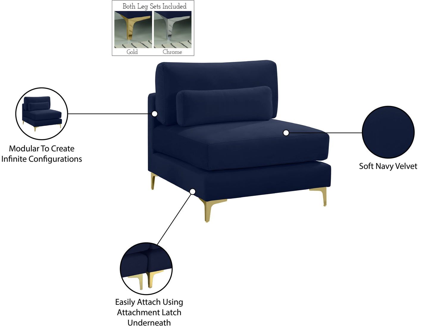 alina navy velvet modular armless chair armless