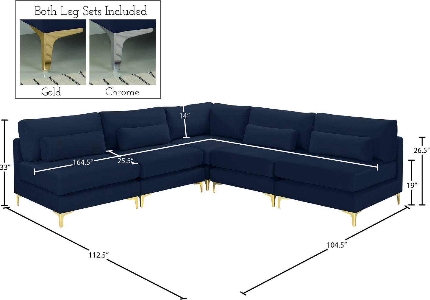 alina navy velvet modular sectional (5 boxes) sec5b