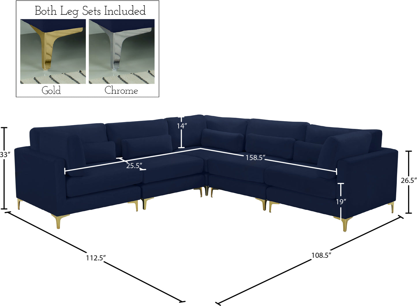 alina navy velvet modular sectional (5 boxes) sec5c