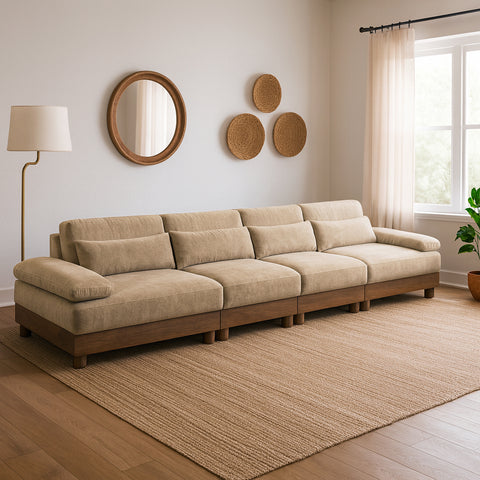 Kira 175.5" Beige Chenille Fabric Upholstered Sofa, 4-Piece