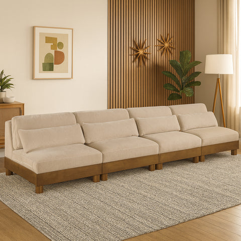 Kira 160" Beige Chenille Fabric Upholstered Sofa, 4-Piece