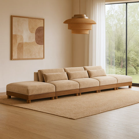 Kira 200" Beige Chenille Fabric Upholstered Sofa, 5-Piece