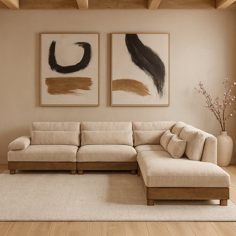Kira 120" Beige Chenille Fabric Upholstered Sectional, 5-Piece